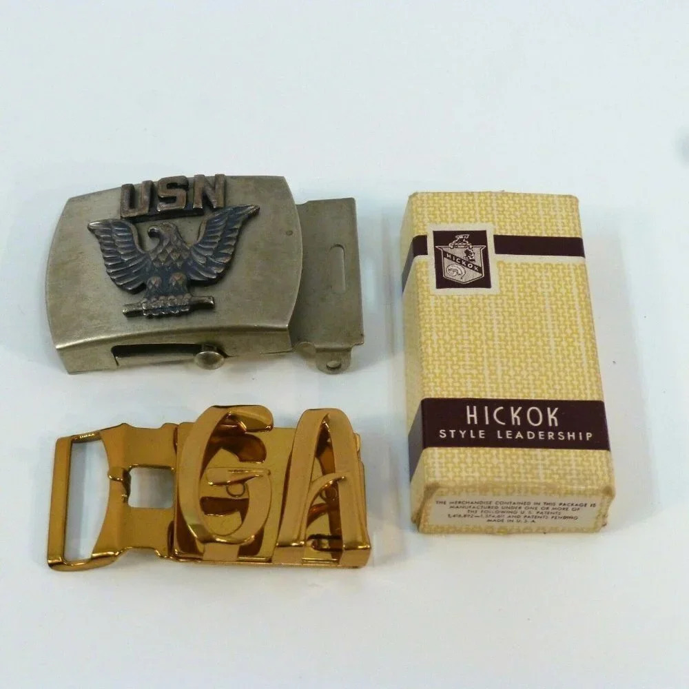 Hickok  Belt Buckle w/ Box Brass GA + US Navy Silvertone Buckle